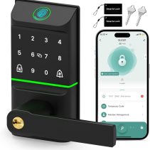 Keyless Entry Smart Door Lock with Doorbell, 6 in 1 Biometric Electric Digital Deadbolt Fingerprint Touchscreen Keypad APP IC Card with 2 Lever Handles for Front Doors Home Office Apartment