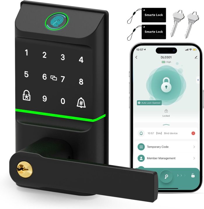 Keyless Entry Smart Door Lock with Doorbell, 6 in 1 Biometric Electric Digital Deadbolt Fingerprint Touchscreen Keypad APP IC Card with 2 Lever Handles for Front Doors Home Office Apartment