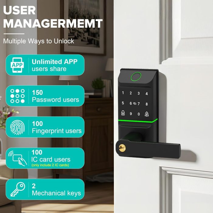 Keyless Entry Smart Door Lock with Doorbell, 6 in 1 Biometric Electric Digital Deadbolt Fingerprint Touchscreen Keypad APP IC Card with 2 Lever Handles for Front Doors Home Office Apartment - Image 3