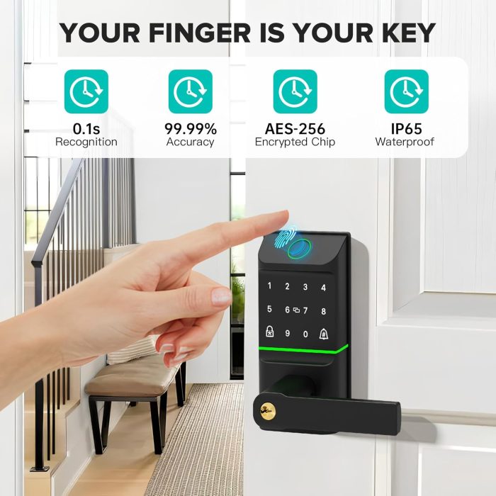 Keyless Entry Smart Door Lock with Doorbell, 6 in 1 Biometric Electric Digital Deadbolt Fingerprint Touchscreen Keypad APP IC Card with 2 Lever Handles for Front Doors Home Office Apartment - Image 4