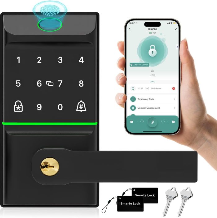 Keyless Entry Smart Door Lock with Doorbell, 6 in 1 Biometric Electric Digital Deadbolt Fingerprint Touchscreen Keypad APP IC Card with 2 Lever Handles for Front Doors Home Office Apartment - Image 9